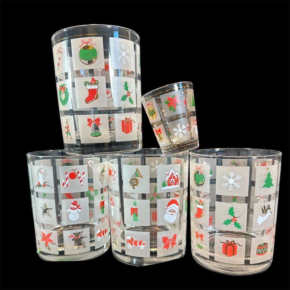 Vintage Culver Christmas Potpourri Old Fashion Glasses with Shot Glass -set of 5